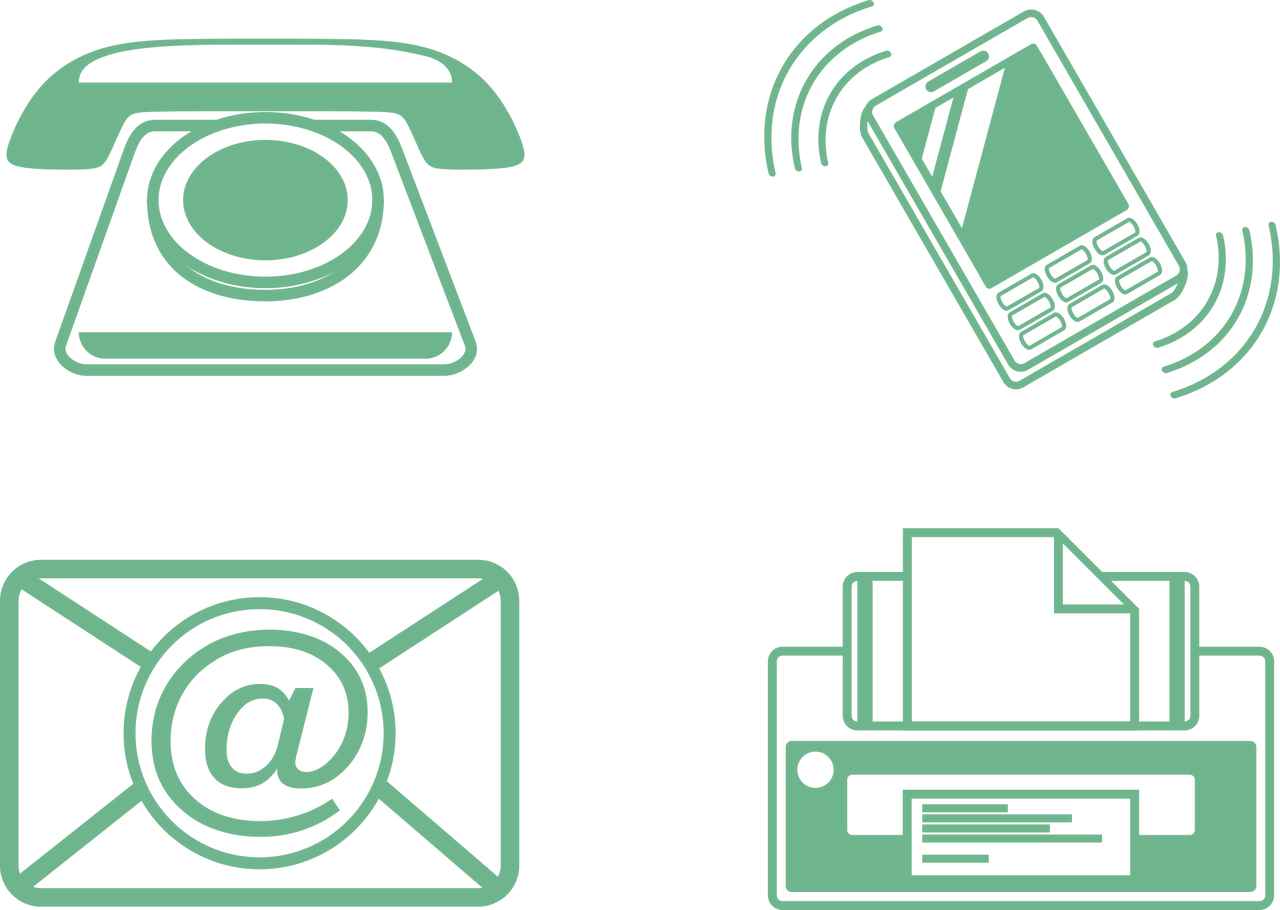 Four icons - phone, mobile phone, email, typewriter.